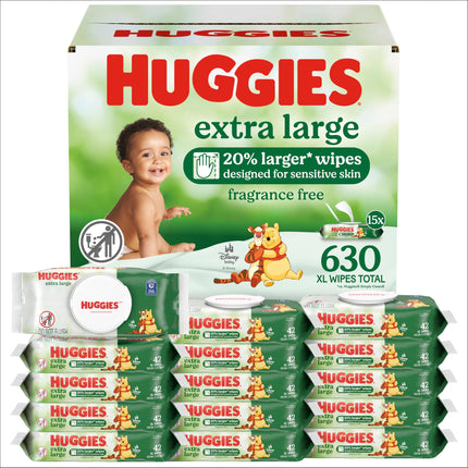 Huggies Extra Large Baby Wipes, Unscented, 15 Flip-Top Packs, 630 XL Wipes Total, Packaging May Vary (Pack of 3)