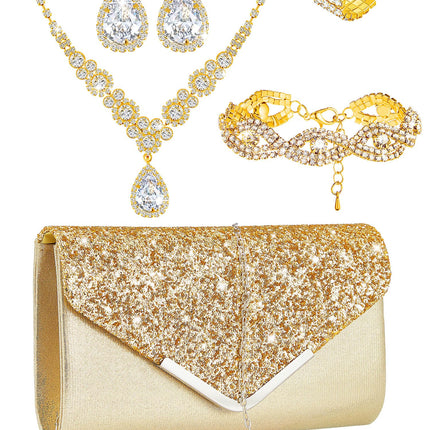Henoyso 5 Pcs Rhinestone Jewelry Sets Prom Purse for Women, Gold