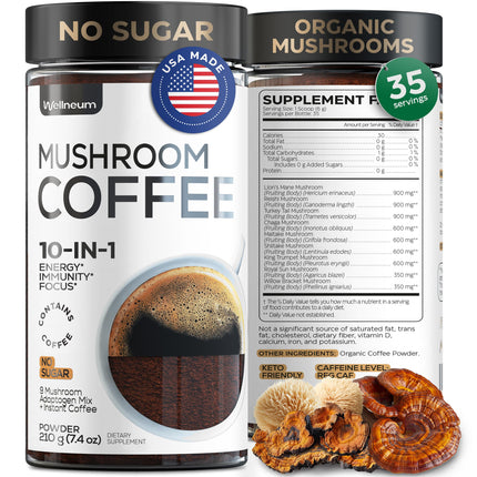 Wellneum Mushroom Coffee - French Roast Style Instant Coffee + Lion’s Mane 900mg for Focus + Reishi, Chaga & Turkey Tail - 10-in-1 Mushrooms Fruiting Body Adaptogen Blend, Sugar Free, 35 Servings