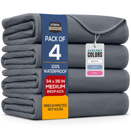 Utopia Bedding Washable Underpads 34" x 36" (Pack of 4), Waterproof Reusable Heavy Absorbency Incontinence Bed Pads for Adults, Kids, Elderly and Pets, Bedwetting Pads for Sofa and Couch (Grey)