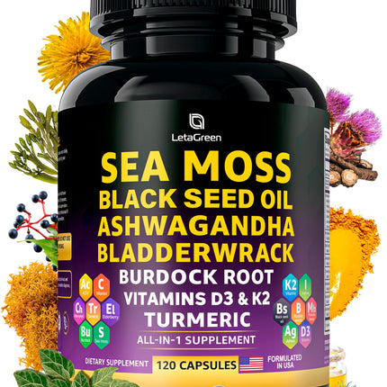 Sea Moss Capsules – 17-in-1 Blend with Black Seed Oil Ashwagandha Bladderwrack Burdock Root Turmeric Vitamin D3 K2 C for Daily Wellness – Multimineral Supplement for Men & Women – 120 Count