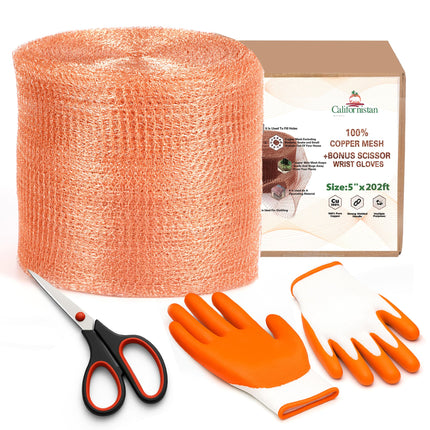 Copper Mesh Rodent Control Roll, 5 in x 202 ft, with Scissors and Gloves