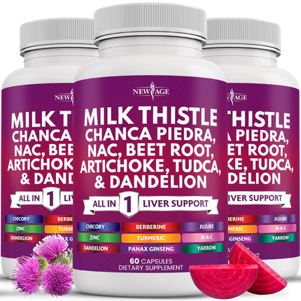 NEW AGE Milk Thistle NAC Chanca Piedra Beet Root Artichoke Dandelion Root Astragalus - Plus TUDCA & Ginger - 180 Count