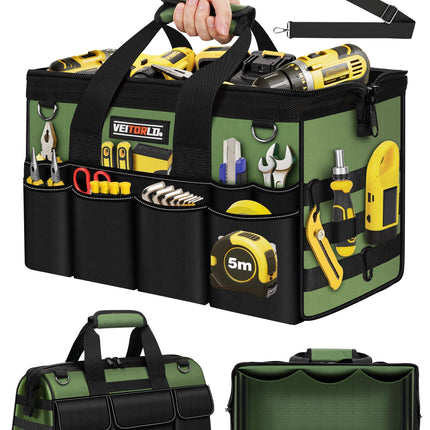 16-Inch Heavy Duty Tool Bag, 19-Pockets Tool Box Organizer, Portable Toolbag W/Soft Handle for Organized Storage, Mechanic Gifts for Men Dad Husband Fathers Day, Wide Mouth Electrician Toolbox, Green