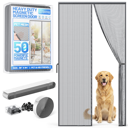 Heavy Duty Magnetic Screen Door Mesh - Auto-Sealing Hand-Free Door Net Screen with 50 Magnets, Pet & Kid Friendly, PET Fine Mesh Doors Screens Keep Bugs & Mosquitos Out Fits Front Doors Size 36” x 82”