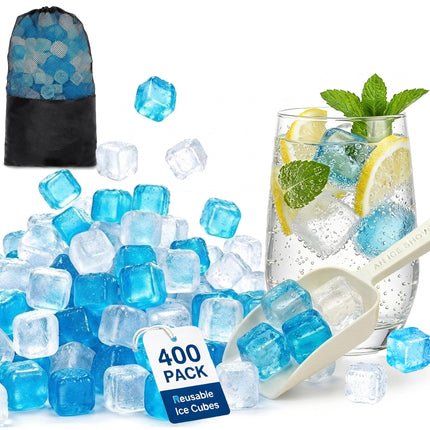 400 Pack Reusable Ice Cubes for Drinks with Ice Scoop, BPA-Free Plastic Ice Cubes for Coolers, Whiskey, Coolers, Parties, Bars, Ice Baths & Camping(Blue & Transparent)