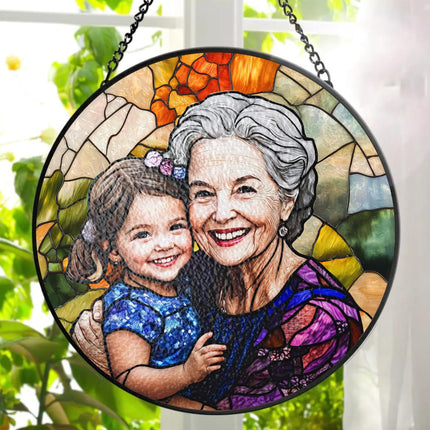 LOVELYPOD Personalized Grandma Stained Glass Sun Catcher, Photo Family Portrait Faux Window Hanging Ornament, Custom Photo Gift, Grandma Gifts, for Mom, Christmas Ornament