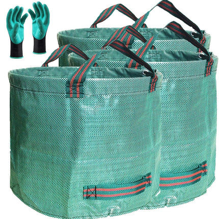 Professional 3-Pack 137 Gallon Extra Large Lawn Garden Bags (D34,H34 in) Reusable Yard Waste Bags with Gardening Gloves for Big Leaf Bag,Lawn Weeds,Grass Clippings Bag,Yard Debris Containers 4 Handles