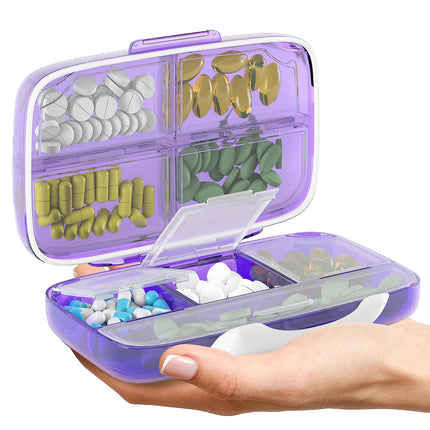 Travel Pill Organizer – Moisture-Proof Medicine Pill Organizer with Labels, 8 Compartment Pill Box Case for Vitamins & Supplements, Portable Pocket Pharmacy (Purple)