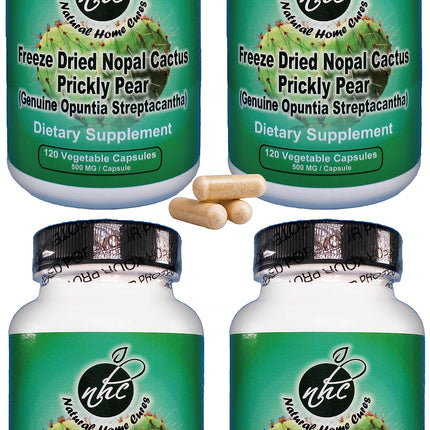 Natural Home Cures Freeze-Dried Nopal Cactus Capsules, Whole Prickly Pear Cactus Powder, Plant-Based Fiber Supplement for Daily Wellness, 500 mg, 120 Vegan Capsules (4 Bottles)