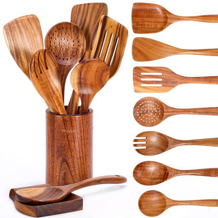 Mooues Wooden Kitchen Utensil Set, 9 Piece Natural Teak with Spoon Rest