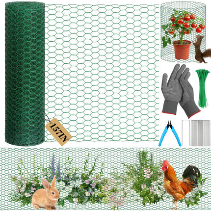 Lucomb Plant Protectors from Animals 15.7 x 157 in Green Chicken Wire Plant Cages for Outdoor Plants, Hexagonal Wire Plant Protector with Ground Stakes, Pliers, Garden Protection from Animals
