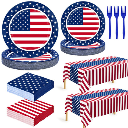 QZYL 122 PCS 4th of July Decorations, 30 Sets 250th Anniversary Patriotic Plates and Napkins, Disposable Fourth of July Paper Plate and Napkin Tablecloth Forks, USA Flags Memorial Day Party Supplies