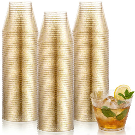 Hioasis 200Pcs 9OZ Gold Glitter Plastic Cups - Gold Plastic Cups, Heavy Duty & BPA-free for Party, Wedding, Celebrations