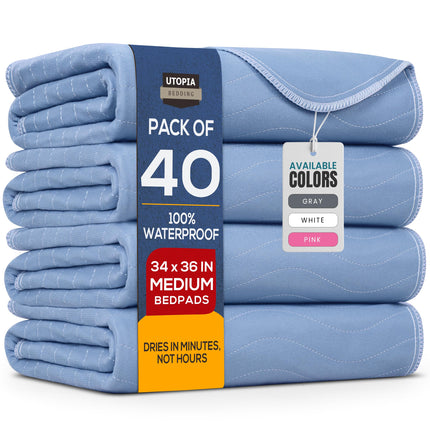 Utopia Bedding Waterproof Incontinence Bed Pads 34 x 36 Inches (Pack of 40, Blue), Washable and Reusable Underpads for Adults, Elderly and Pets, Absorbent Protective Pads