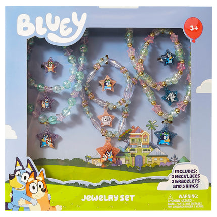 LUV HER Bluey Girl's Jewelry Set - Dress up 9 Piece Toy Jewelry Box Set with Bead Necklace, Bracelet and Ring - Play Accessories - Ages 3+