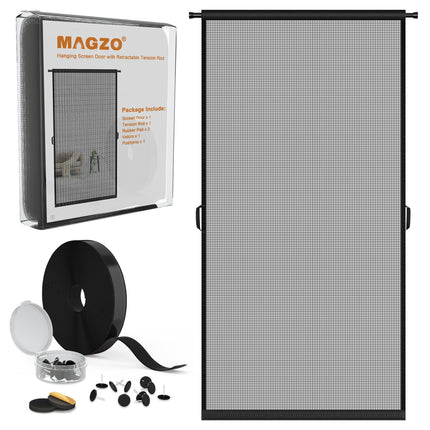 MAGZO Hanging Screen Door Curtain, Fits Door Size 32" x 80" (Mesh Size 34'' x 81''), Durable Fiberglass with Tension Rod and Hook&Loop (One Piece Can be Installed in 2 Ways), Weighted Bottom, Grey