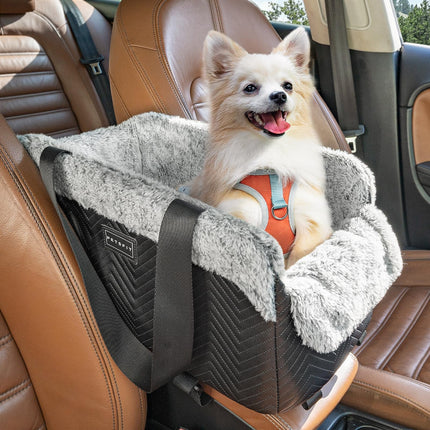 PETSFIT Center Console Dog Car Seat, Portable Pet Car Seat with Safe Protective Hooks, Luxury Dog Car Seats for Small Dogs Includes Safety Leash and Storage Pocket for Pets Up to 9 lbs (Black)