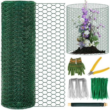 Plant Protectors from Animals, 16.4 x 16In Green PVC Coated Galvanized Chicken Wire Mesh Roll, 0.8mm Free-Cut Plant Cage with Ties, Stakes, Gloves, Pliers & Floral Wire (33Ft*23.6In(23.6X 394 Inch))