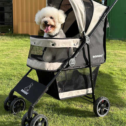 ROODO 4 Wheel Dog Cat Pet Stroller Best Lightweight Foldable Compact Portable Jogger All Terrain Travel Pet Gear Puppy Doggie Bunny Kitty Stroller for up to 30lbs Medium Small Dogs Cats(Light Khaki)