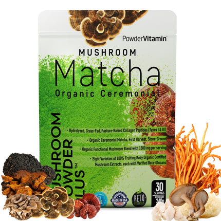 PowderVitamin Organic Ceremonial Mushroom Matcha Certified Pesticide-Free Grass-Fed Collagen Types I & III 8 Fruiting Body Mushrooms Tested for Beta-Glucans Focus Digestion & Immunity 30 Servings