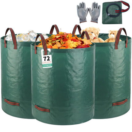 3 Pack 72-Gallon Yard Waste Bags with Gardening Gloves, Heavy Duty Reusable Lawn Leaf Bags with Reinforced Handles, Collapsible Garden Bags for Leaves, Debris and Outdoor Clean Up