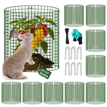 Uyittour 10 Pack Plant Protectors from Animals, 12" x 12" Round Metal Wire Garden Plant Cages to Keep Animals Out, Rabbit Proof Protection for Vegetables & Flowers with Stakes, Zip Ties & Gloves