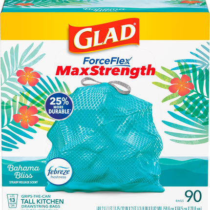 Glad ForceFlex MaxStrength Kitchen Trash Bags, 13 Gal, Bahama Bliss Febreze, 90 Ct (Pack May Vary)