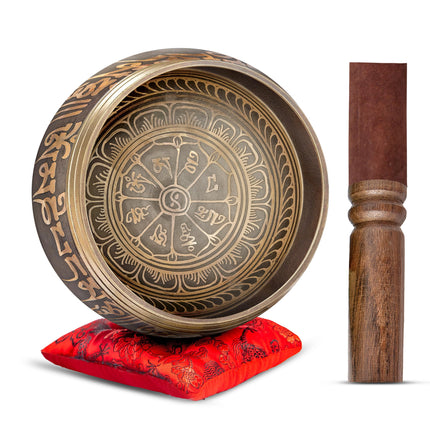 Premium Tibetan Singing Bowl Set – Handmade in Nepal Sound & Meditation Bowl – Spiritual Decor for Yoga, Wellness Spaces & Relaxation by Himalayan Bazaar (Brown & Red)