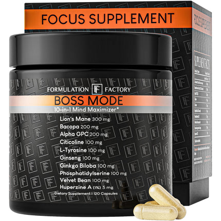 Formulation Factory BOSS Mode 10-in-1 Nootropic Complex with Lion's Mane, Alpha-GPC, Bacopa Monnieri, Ginkgo Biloba, Rhodiola, Ashwagandha & L-Tyrosine - 120 Capsules