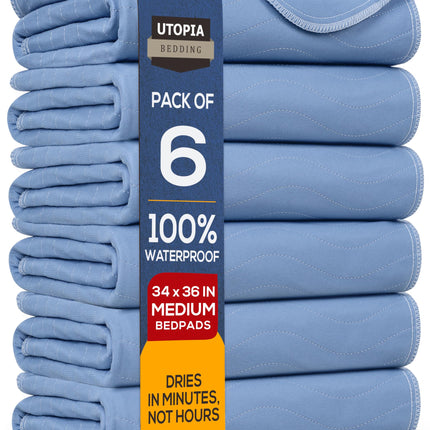 Utopia Bedding Washable Underpads 34" x 36" (Pack of 6), Waterproof Reusable Heavy Absorbency Incontinence Bed Pads for Adults, Kids, Elderly and Pets, Bedwetting Pads for Sofa and Couch (Blue)