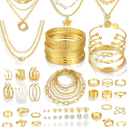 17 MILE 78 Pieces Gold Jewelry Set for Women, 9 Necklace, 24 Bangle Bracelet, 22 Earrings, 23 Knuckle Rings Ties Gold Plated Jewerly set for Women Gift