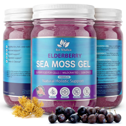 BIO VITALICA Irish Sea Moss Gel 12oz - USA Made Dr.Sebi Wildcrafted Seamoss - Superfood with Iodine, Bladderwrack & Burdock Root for Immune & Energy Boost, Skin & Hair Health - Elderberry, Pack of 1