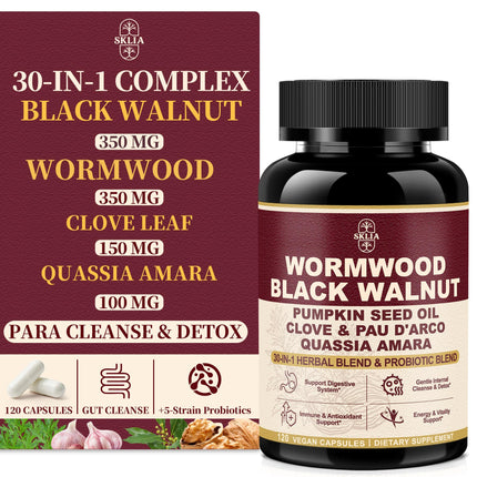 30-in-1 Liposomal Wormwood Black Walnut Clove Cleanse for Humans Capsules – Gut Cleanse & Digestive Support with Clove, Pumpkin Seed Oil, Garlic, Quassia Amara | 10X Concentrated | Vegan 1815mg 120 CT