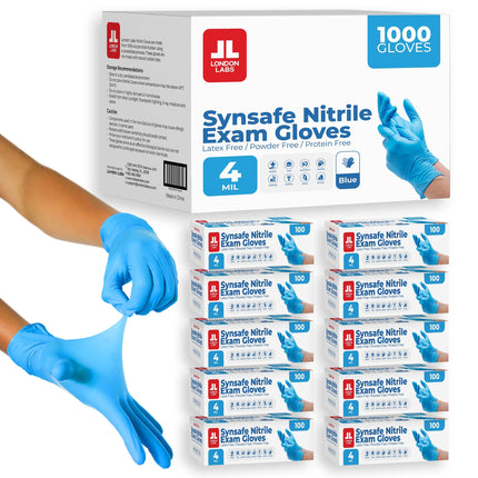 London Labs Synsafe 4 Mil -Blue Nitrile Exam Gloves –Disposable Latex Free & Powder Free – Extra Strong, Rubber Gloves – First Aid Kit, Medical, EMT, Cleaning, Cooking | Bulk Case of (1000 ct)