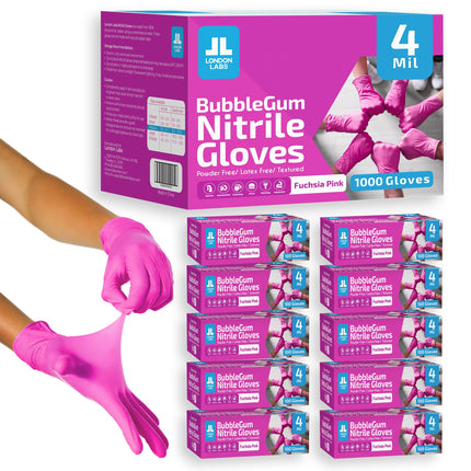 London Labs 4 Mil – Fuchsia Pink Nitrile Gloves–Disposable Latex Free & Powder Free–Chemical Resistant, Pink Rubber Gloves –Esthetician, Nail Supplies, Cleaning, Cooking,Tattoo |Bulk Case of (1000 ct)