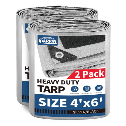 TARPAL Small Tarps 4x6 Feet(2-Pack) Heavy Duty Tarp 10.5Mil Multipurpose Protective Cover Waterproof,Snow or UV Protection,Durable Reinforced Edges,Silver/Black