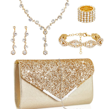 Henoyso 5 Pcs Jewelry Set, Rhinestone Clutch Purse for Prom,Gold