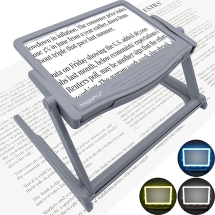 MAGNIPROS Patented 5X Large LED Page Magnifier with Detachable Stand | Eye Caring 3 Color Light Modes & Anti-Glare Lens to Reduce Eye Strain-Ideal for Reading Fine Print, Crafting, Low Vision Seniors