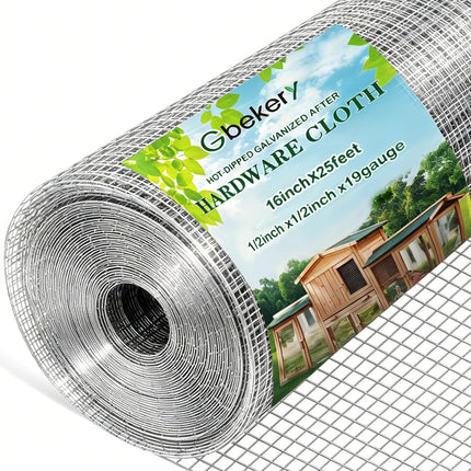Gbekery Hardware Cloth 1/2 inch 16in x 25ft 19 Gauge, Hot-dip Galvanized After Welding Chicken Wire Mesh Roll Garden Plant Welded Metal Wire Fencing Roll, Rabbit Cages Snake Fence