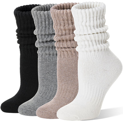EBMORE Womens Merino Wool Slouchy Boot Socks Thermal Warm Winter Thick Scrunch Slouch Cozy Crew Gifts Socks 4 Pairs Stocking Stuffers(Black/khaki/Grey/White,M)