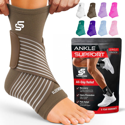 Sleeve Stars Ankle Brace for Women & Men, Ankle Wrap for Sprain, Compression Sleeve for Plantar Fasciitis Relief, Easy Customizable Support: w/ Removable Strap (Single/M:10"-12"/Mocha Brown)