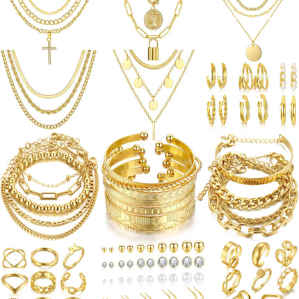 FAXHION 68 Pcs Gold Jewelry Set for Women with 7 Necklace, 17 Bracelet, 5 Hoop Earrings, 15 Stud Earrings, 24 Knuckle Rings for Women Jewelry Set for Women Gift