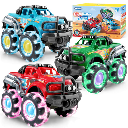 Vroomix 3 Pack Monster Truck Toy - Toy Truck with Flashing LED Wheels - Light-Up Friction-Powered Cars for Kids - Boys Girls Birthday Gift