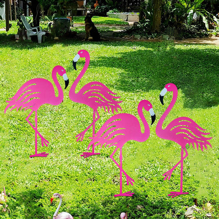Riakrum 4 Pcs Flamingos Outdoor Yard Decor Pink Metal Flamingos for Yard Garden Large Bird Statue Ornaments for Lawn, Patio Outside Art Decor