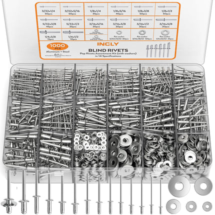 INCLY 1000PCS Aluminum Pop Rivets Assortment Kit with Washers