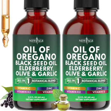 NEW AGE Oil of Oregano Drops - Black Seed Oil, Elderberry, Vitamin D, D3, K2, Olive, Garlic - Immune Support Supplement Wellness Formula, Zinc Supplements Liquid - 4Fl Oz