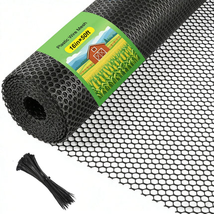 Plastic Wire Mesh Fence Roll 16 in x 50FT Plastic Chicken Mesh with 80 Pcs Zip Ties Balcony Garden Netting Fencing Barrier for Dogs, Poultry, Puppy, Garden Snake Barrier