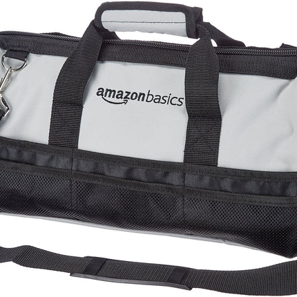 Amazon Basics Durable Wear-Resistant Tool Storage Bag with Adjustable Shoulder Strap, Portable Tool Organizer, 16 in, Black & Grey