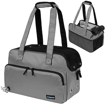 PetAmi Small Dog Purse Carrier, Soft-Sided Pet Carrier Bag with Pockets, Portable Puppy Cat Travel Handbag Tote, Airline Approved Breathable Mesh, Poop Bag Dispenser, Max 18 lbs, Stripe Black